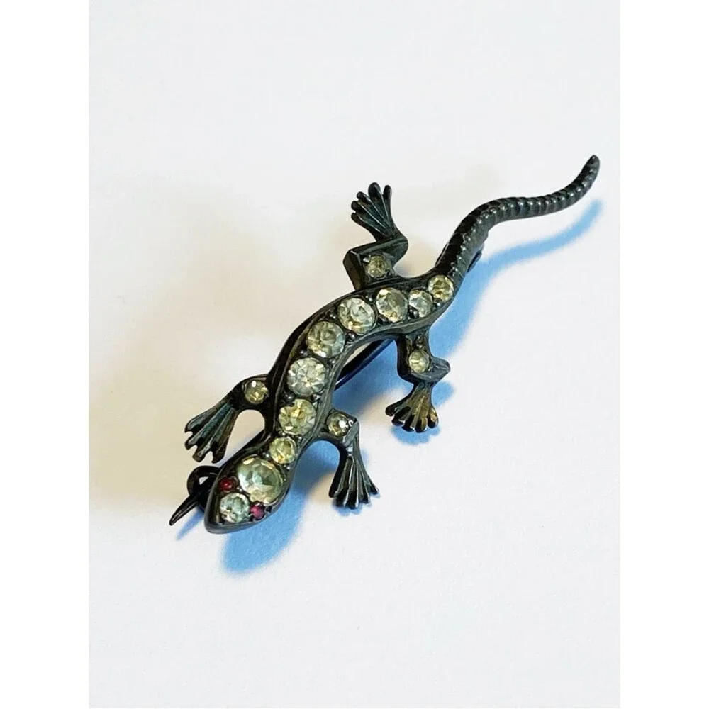 Vintage Sterling Silver Lizard Brooch with Clear Crystal Accents and Red Eyes